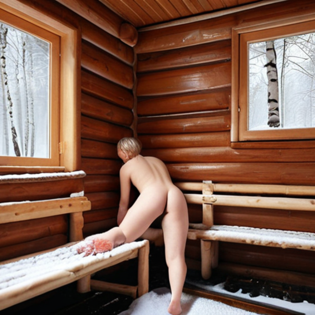**A cozy Russian "banya" scene:** Interior view of a traditional Russian banya. Focus on the steam, wooden benches, and a person gently hitting another with "venik" (birch branches). Atmosphere should be warm and inviting.