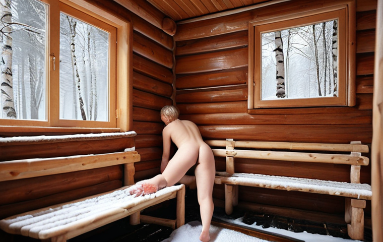 **A cozy Russian "banya" scene:** Interior view of a traditional Russian banya. Focus on the steam, wooden benches, and a person gently hitting another with "venik" (birch branches). Atmosphere should be warm and inviting.