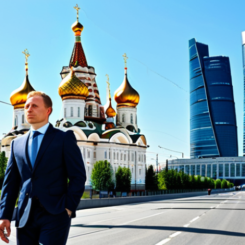 A professional individual, fully clothed in a modest business suit, walking confidently on a modern city street in Moscow. In the background, sleek glass skyscrapers of Moscow City rise alongside the traditional golden domes of an Orthodox church, illustrating the blend of old and new architecture. The scene captures the dynamic energy of the city during the day, with a clear blue sky. Perfect anatomy, correct proportions, natural pose, well-formed hands, proper finger count, natural body proportions. Professional photography, high quality, vibrant colors, realistic lighting, safe for work, appropriate content, family-friendly.