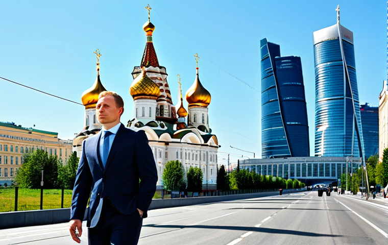 A professional individual, fully clothed in a modest business suit, walking confidently on a modern city street in Moscow. In the background, sleek glass skyscrapers of Moscow City rise alongside the traditional golden domes of an Orthodox church, illustrating the blend of old and new architecture. The scene captures the dynamic energy of the city during the day, with a clear blue sky. Perfect anatomy, correct proportions, natural pose, well-formed hands, proper finger count, natural body proportions. Professional photography, high quality, vibrant colors, realistic lighting, safe for work, appropriate content, family-friendly.