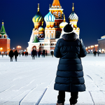A solo traveler, fully clothed in warm, modest winter attire, including a thick coat, gloves, and a hat, stands in Moscow's snow-covered Red Square. In the background, the vibrant onion domes of St. Basil's Cathedral are dusted with heavy white snow, illuminated by soft, festive winter lights. The scene evokes a magical, serene atmosphere. The person is in a natural pose, admiring the breathtaking view. Perfect anatomy, correct proportions, well-formed hands, proper finger count, natural body proportions. Professional photography, high quality, highly detailed, realistic, safe for work, appropriate content, family-friendly.