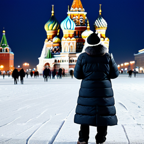 A solo traveler, fully clothed in warm, modest winter attire, including a thick coat, gloves, and a hat, stands in Moscow's snow-covered Red Square. In the background, the vibrant onion domes of St. Basil's Cathedral are dusted with heavy white snow, illuminated by soft, festive winter lights. The scene evokes a magical, serene atmosphere. The person is in a natural pose, admiring the breathtaking view. Perfect anatomy, correct proportions, well-formed hands, proper finger count, natural body proportions. Professional photography, high quality, highly detailed, realistic, safe for work, appropriate content, family-friendly.