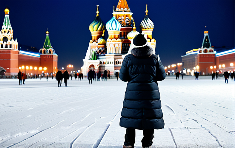 A solo traveler, fully clothed in warm, modest winter attire, including a thick coat, gloves, and a hat, stands in Moscow's snow-covered Red Square. In the background, the vibrant onion domes of St. Basil's Cathedral are dusted with heavy white snow, illuminated by soft, festive winter lights. The scene evokes a magical, serene atmosphere. The person is in a natural pose, admiring the breathtaking view. Perfect anatomy, correct proportions, well-formed hands, proper finger count, natural body proportions. Professional photography, high quality, highly detailed, realistic, safe for work, appropriate content, family-friendly.