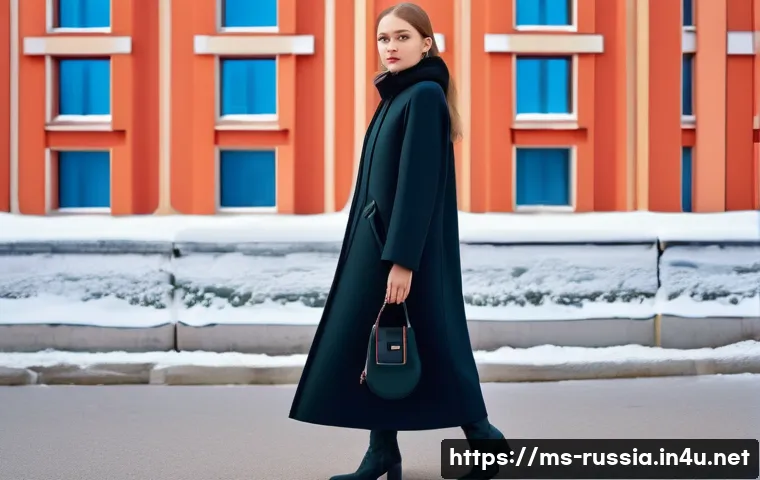 러시아 패션 브랜드 소개 - **Prompt 1: "A young woman, confidently walking through a modern urban landscape in Moscow. She is d...